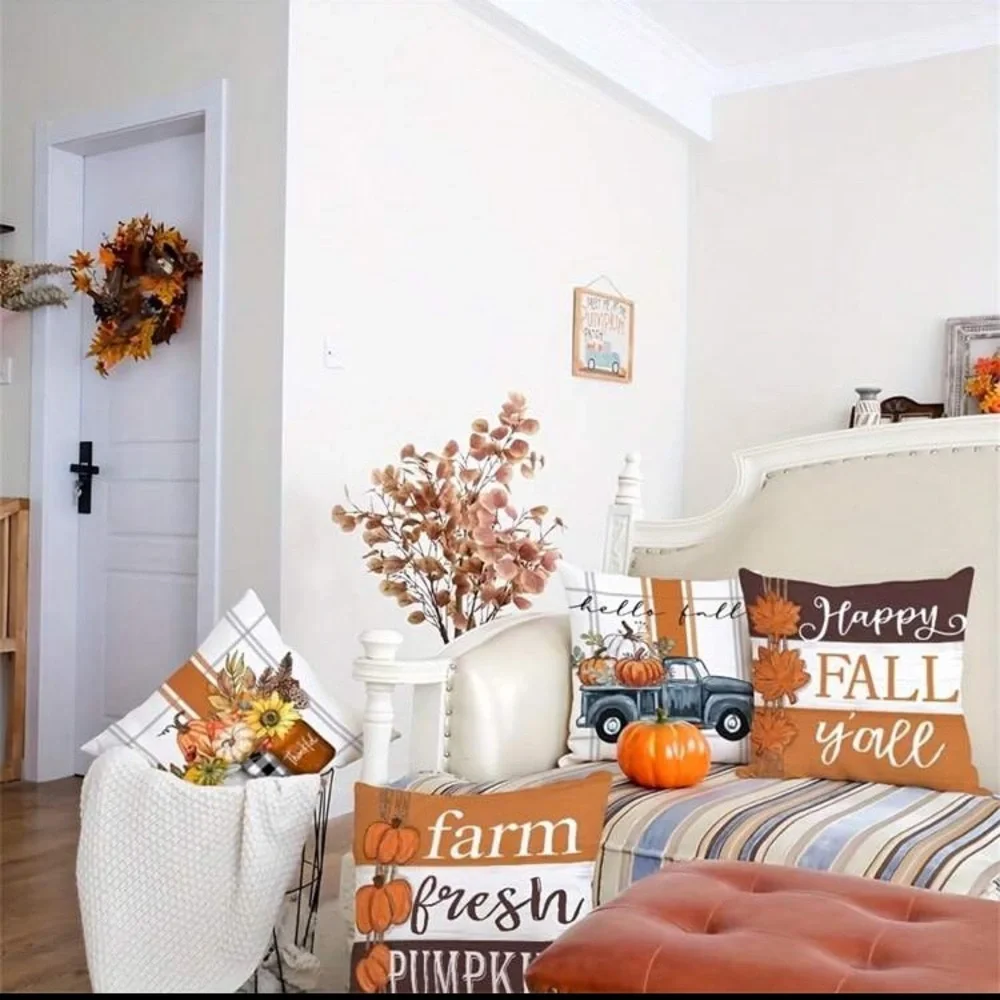 NWT- Set of 4- Super Soft- Fall- Pumpkins & Farmtruck Pillow Covers 18x18 🍁